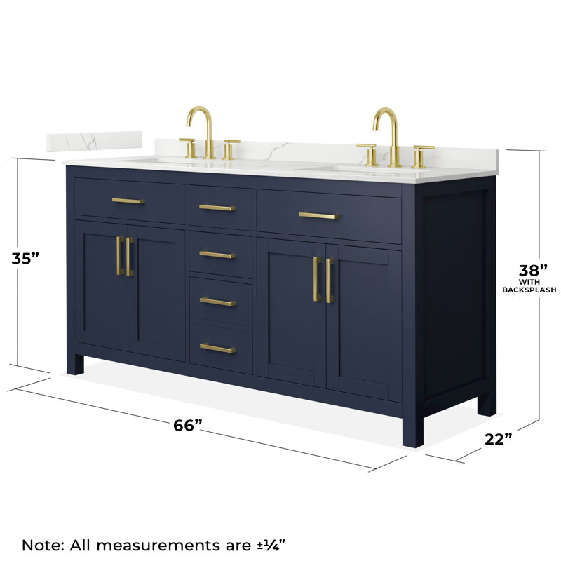 Beckett 66" Freestanding Double Bathroom Vanity with Quartz Top, Brushed Gold, Giotto Quartz, Dark Blue
