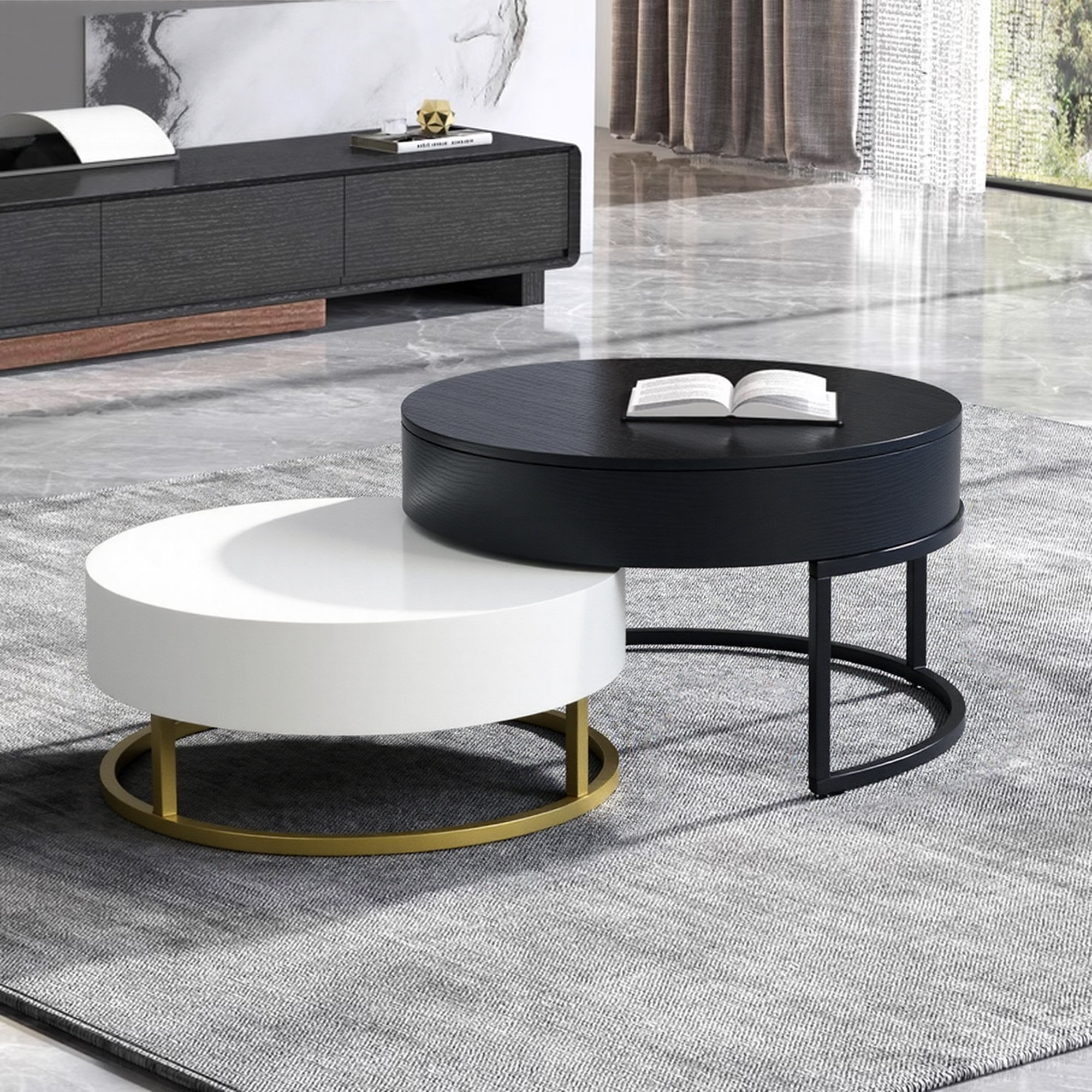 Mercer41 Modern Round Coffee Table Set - Lift Top & Nesting with 2 ...