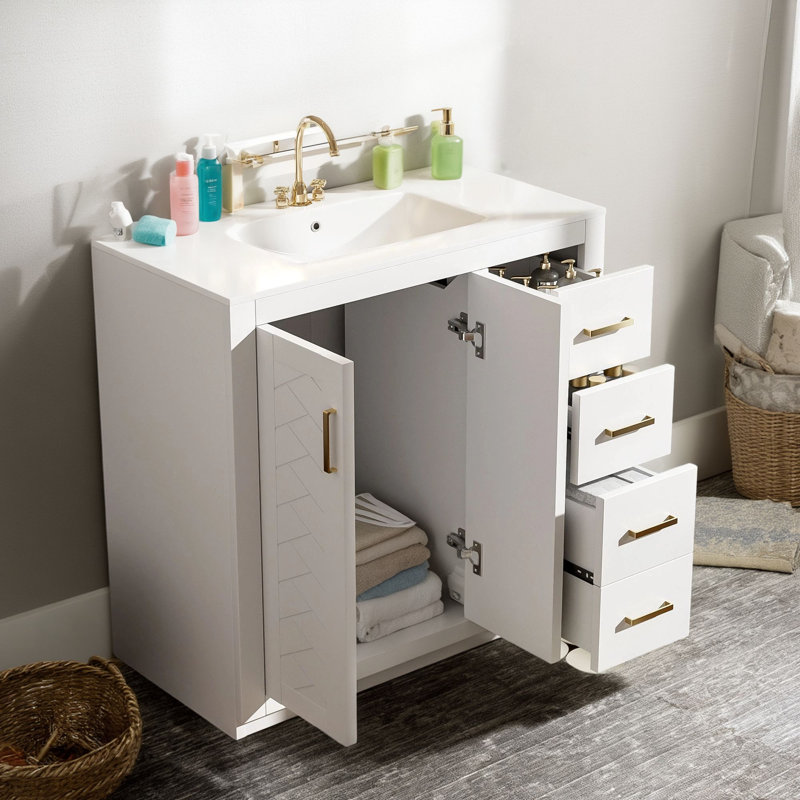 Meuble-lavabo de 36 pouces avec lavabo en céramique: armoire de rangement en bois massif, ensemble autoportant avec 3 tiroirs et porte à fermeture en douceur