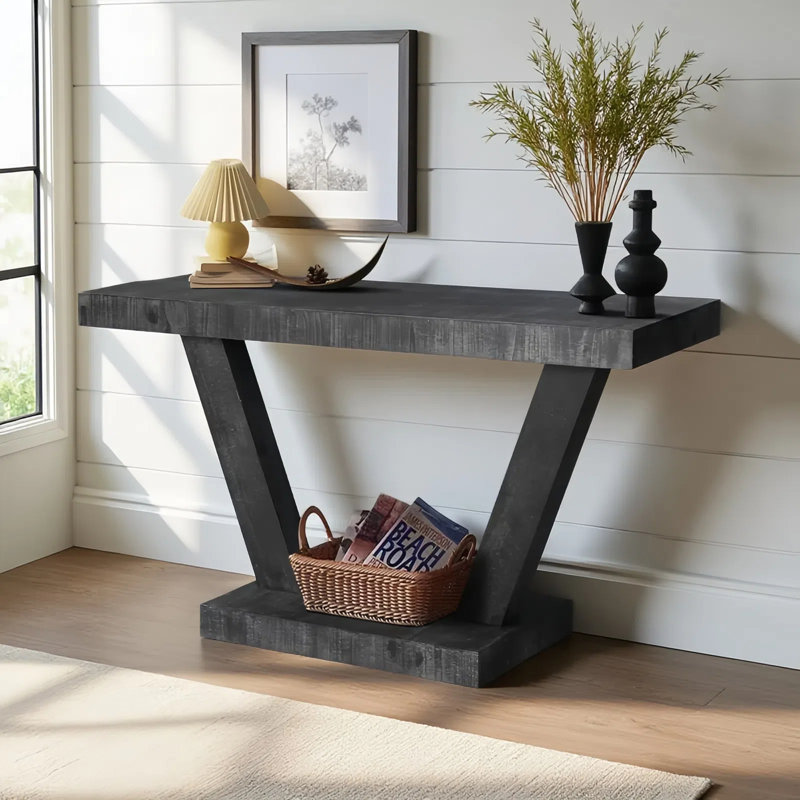 Console 59 po en bois rétro avec base géométrique et tablettes de rangement à 2 niveaux, Gris foncé