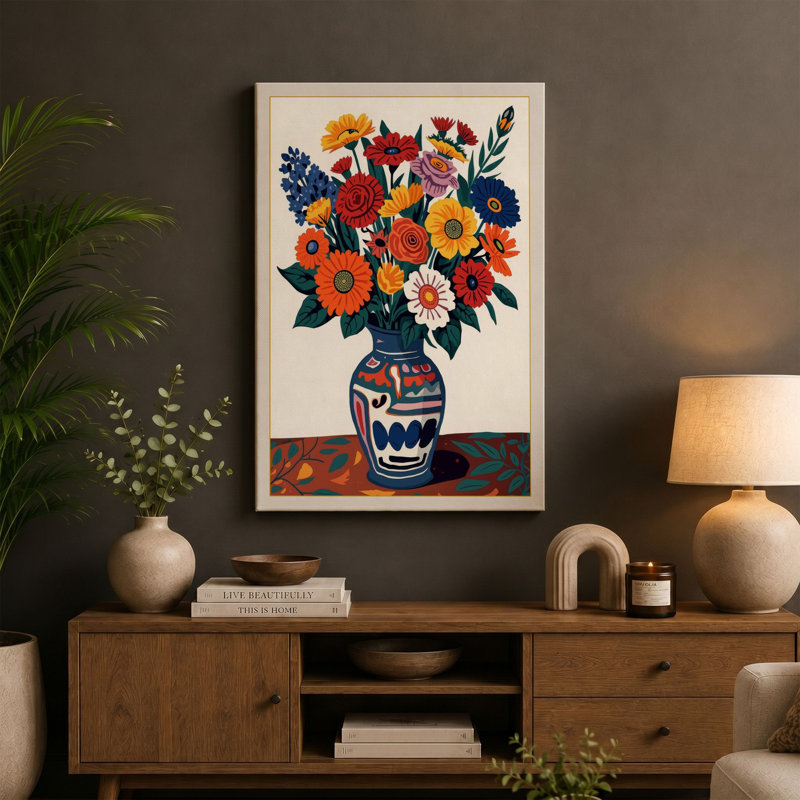 Floral Folk Arrangement Boho - Wrapped Canvas, 24x16 - 61.0 x 40.6 cm, Black Border