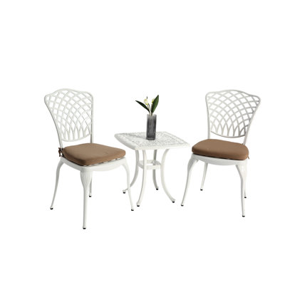 3 Piece Cast Aluminum Patio Furniture Bistro - 2 Chairs & 1 Table With White Cushion For Outdoor Use Robust And Simple To Put Together Rustproof Round Patio, Garden, Balcony Classic Design, Easy Setup