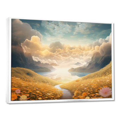 «Pastel Flowerfield Clouds Over Mountain River», art mural fleurs