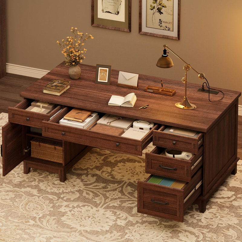 Bureau de direction 60 po avec tiroirs à dossiers, bureau de ferme avec station de charge et rangement, Brun