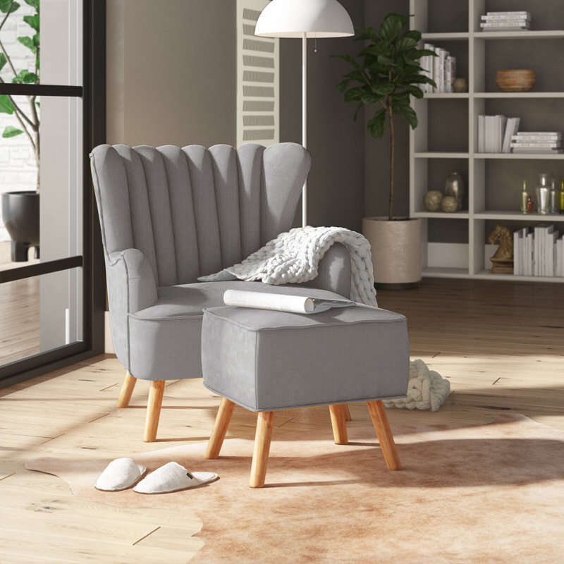 Kiro Upholstered Wingback Chair with Footstool, Light Grey