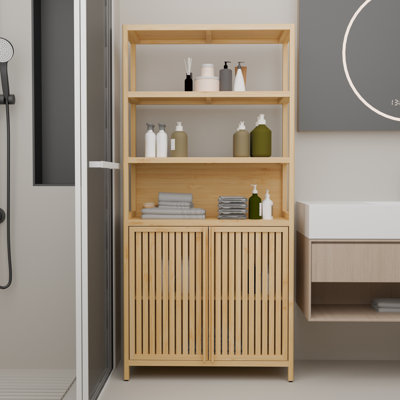 Étagère de rangement à double porte de 162,5 cm de haut avec tiroirs et 2 étagères intérieures pour l'organisation de la salle de bain, couleur naturelle, grande capacité pour serviettes et autres articles, avec fermeture magnétique pour l'ouverture de la porte.