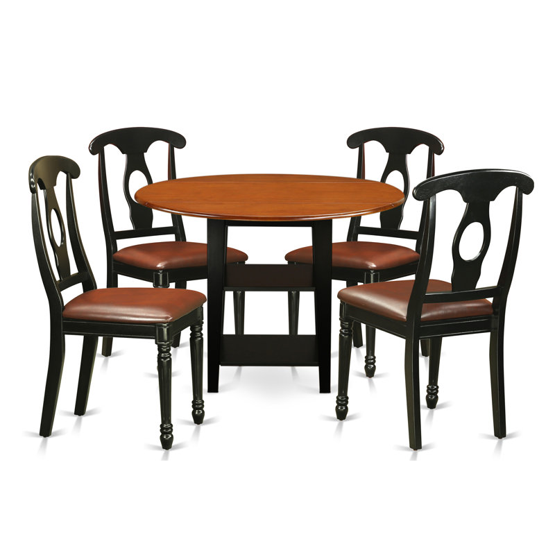 Ensemble de salle à manger ronde en bois massif noir et cerisier, Cinq articles : 1 table, 4 chaises