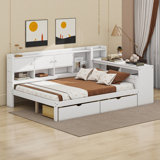Wooden L-Shape Daybed With Cabinets And Drawers, Desk And Built-In Bookshelf