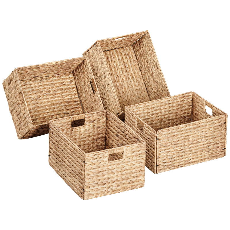 Rectangular Natural Water Hyacinth Hand Woven Rattan Wicker Storage Basket Set with Iron Wire Frame, 4
