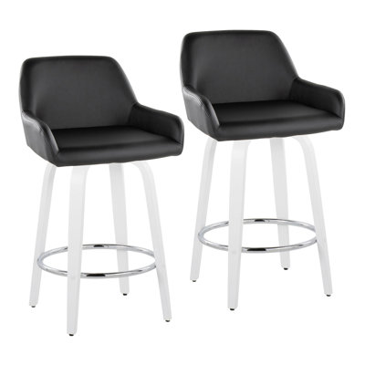 Fixed-Height Counter Stool With Swivel In  Wood And  Faux Leather With Round Chrome Footrest - Set Of 2