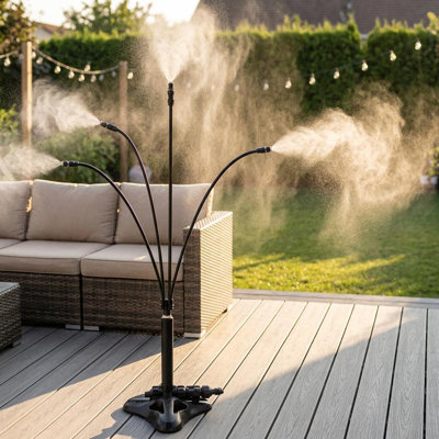 Freestanding Outdoor Misting Cooling System – 4 Adjustable Mist Heads, 10M (29FT) Hose, ABS Construction, Connectable Patio for Lawn, Garden, Poolside, Black