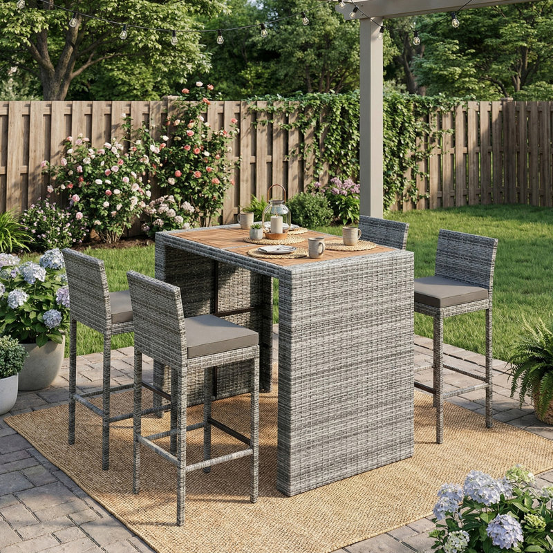Ensemble de bar en osier de patio 5 pièces, ensemble de bistro pour la cour en osier de rotin PE