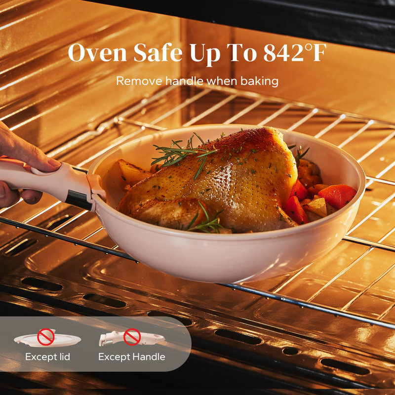 Ensemble de 16 casseroles et poêles en céramique antiadhésives et antiadhésives avec poignée amovible, non toxique, sans PFAS, sans PFOA et sans PTFE, batterie de cuisine pour camping-car, va au lave-vaisselle / au four (rose)