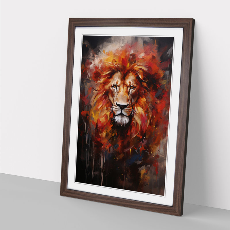 Lion Modern No.3 - Single Picture Frame Print on Wood, Walnut Framed, 64cm H x 46cm W x 2cm D