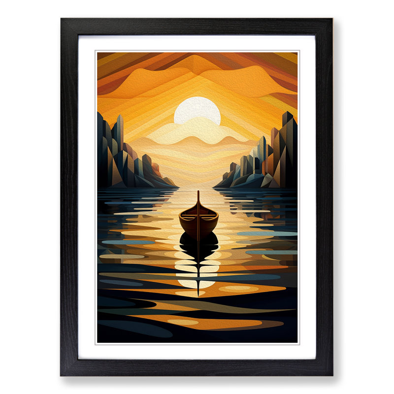 Boat On A Lake Art Deco - Single Picture Frame Print on Wood, Black Framed, 46cm H x 34cm W x 2cm D