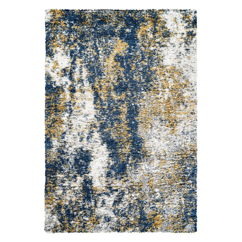 Tapis à poils longs bleu / or Ridley, Rectangle 7 pi 10 po x 10 pi