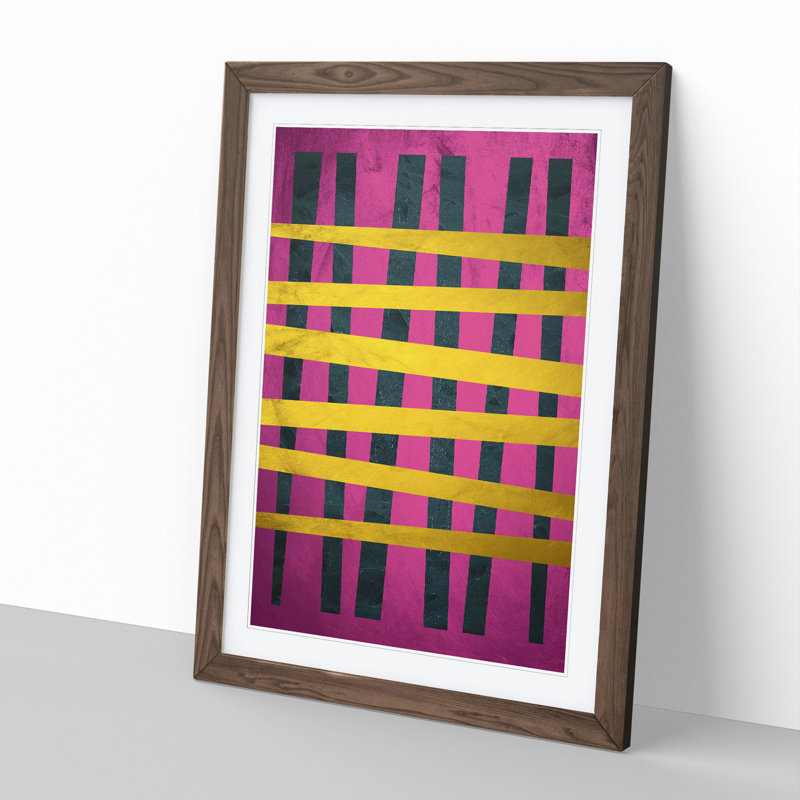 Purple Gold Abstract Lines - Single Picture Frame Print on Wood, Walnut Framed, 90cm H x 65cm W x 2cm D