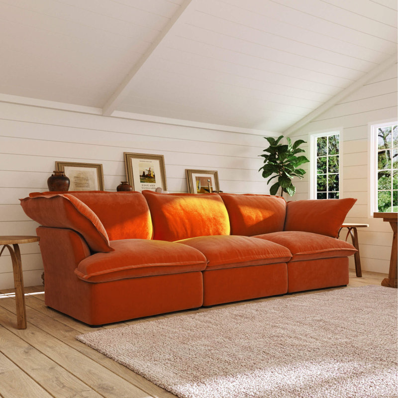 Canapé modulaire en velours 3 places Cielo Cloud Plus, Mélange de lin orange