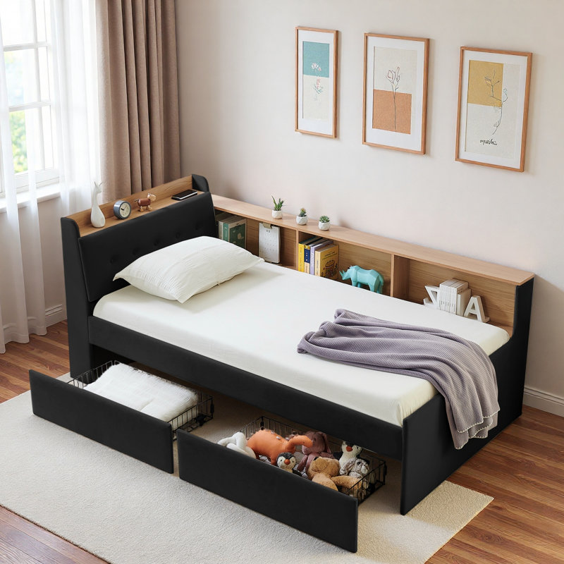 Multi-functional Daybed With Storage Headboard, Wireless Charging, 2 Storage Drawers And Led Lights, Black