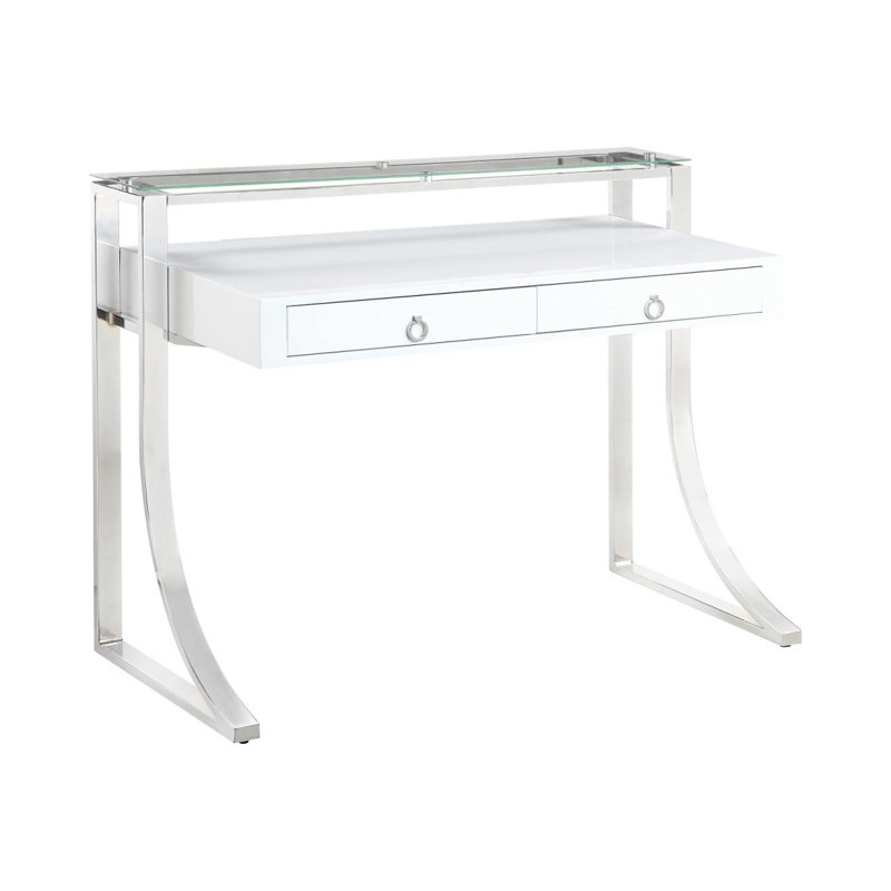 Bureau d'écriture à 2 tiroirs, blanc brillant et chrome