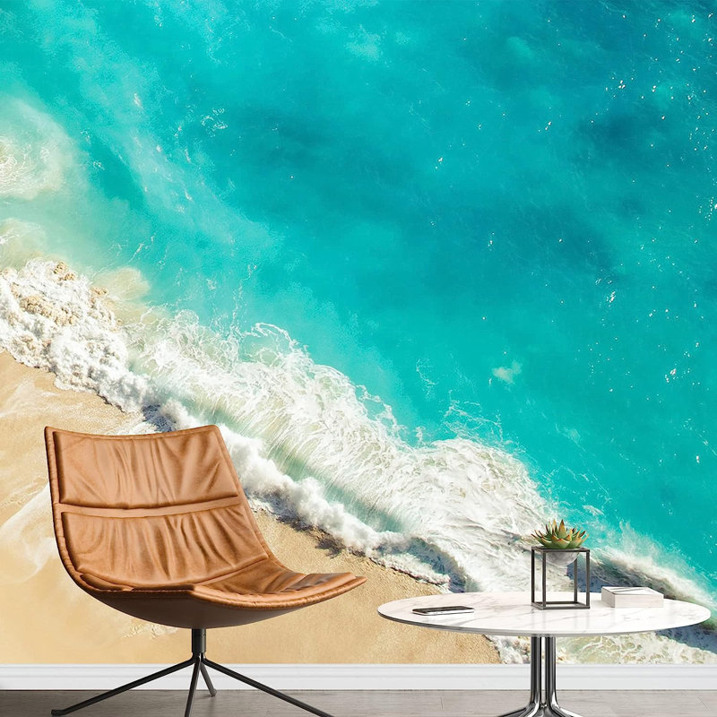 Murale bleu sarcelle à peindre sur la plage, L 144 po x l 100 po