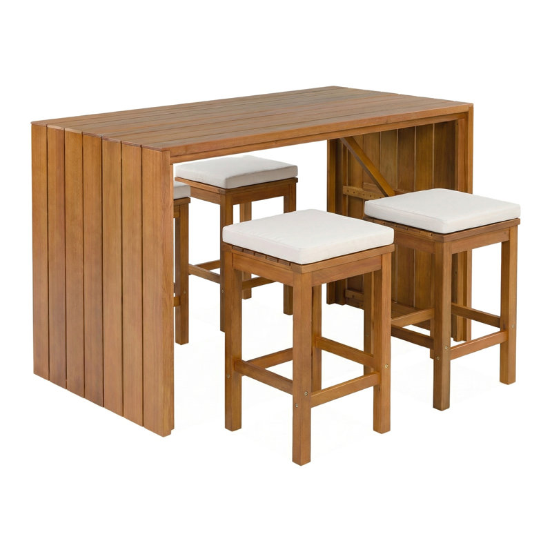 Ensemble de bar d'extérieur 5 pièces: une table de patio en bois de sauterelle et quatre tabourets avec coussins, parfaits pour la cour, le bord de la piscine ou le balcon