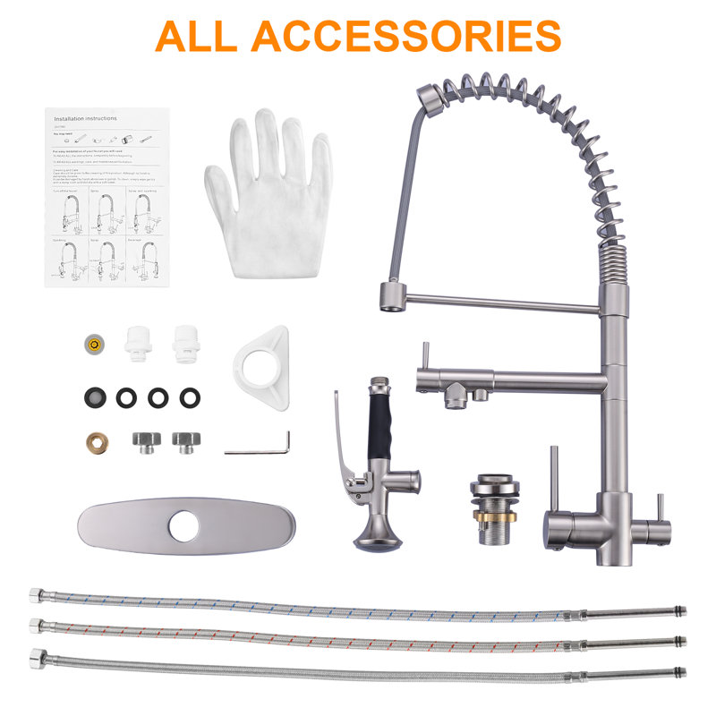 Commercial Style 3-In-1 Pull Down Kitchen Faucet With Drinking Water Kitchen Faucet, Brushed Nickel
