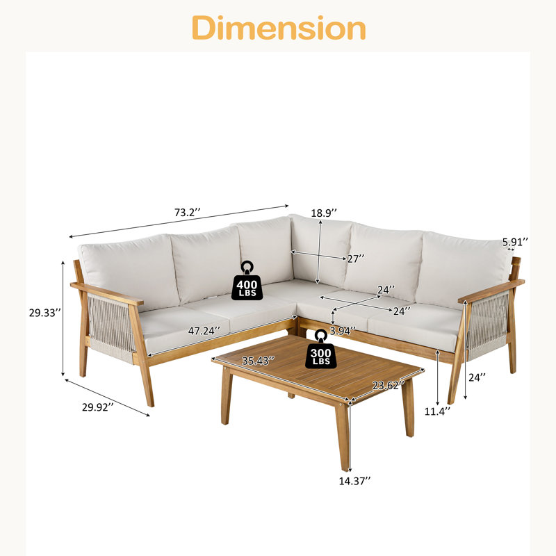 Ensemble de coin de patio 4 pièces en bois d'acacia et corde, structure robuste