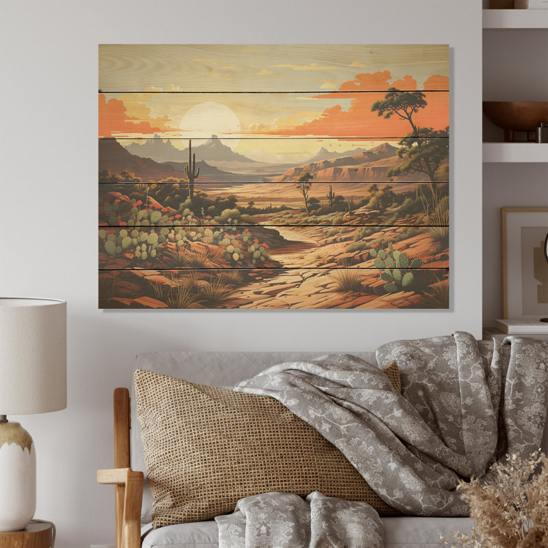 Cactus Charm In Mountain Scenery - Cactus Wood Wall Art On Natural Pine Wood, 10" H x 20" W