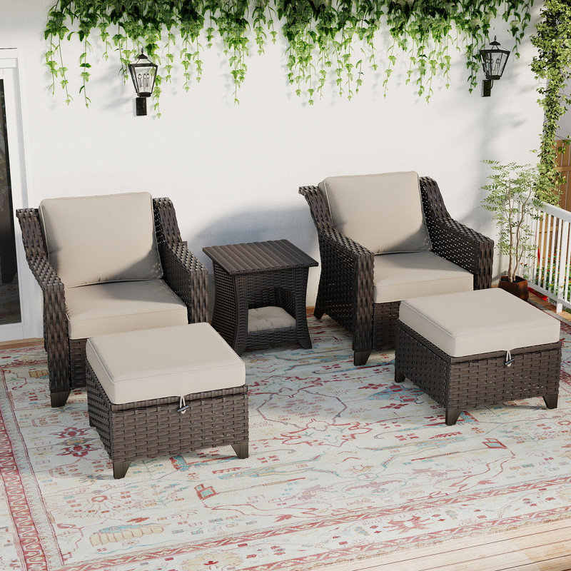 3-Piece Patio Wicker Conversation Set with Storage Ottomans, Outdoor Furniture with Thick Cushions & Side Table, Weather Resistant for Backyard, Porch & Poolside