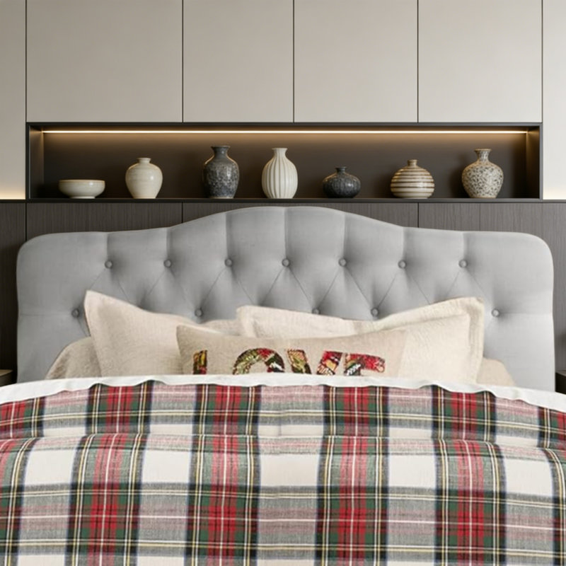 Tête de lit capitonnée tapissée à oreilles, tête de lit en bois massif avec pieds en bois, tête de lit à hauteur réglable de 47 po à 63 po, tête de lit en tissu au design moderne