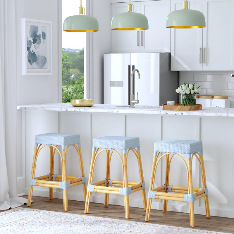 Lennart Counter/Bar Stool, Baby Blue/ Natural Rattan Frame, Bar Stool (30" Seat Height)