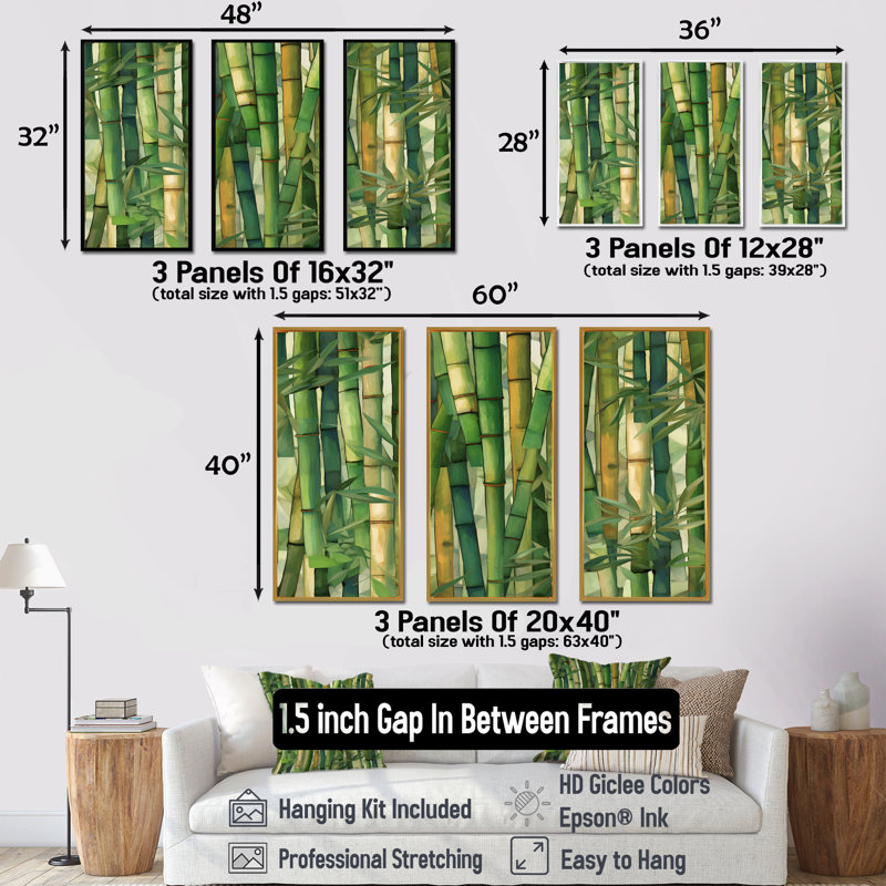 «Whispering Bamboo Geometric Patterns I», ensemble d'art mural sur toile en bambou, Cadre flottant blanc