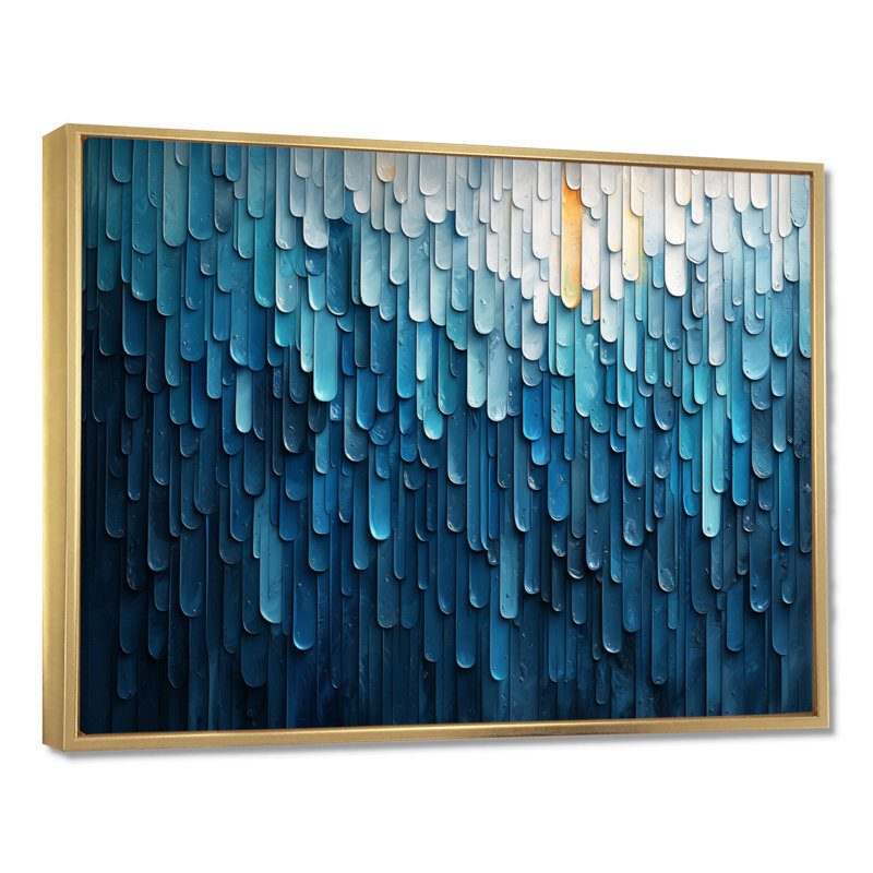 «Eastwood Drip Paint of Blue Cubic Matrix II» - art mural sur toile, H 30 po x l 40 po, Impression encadrée flottante, Or