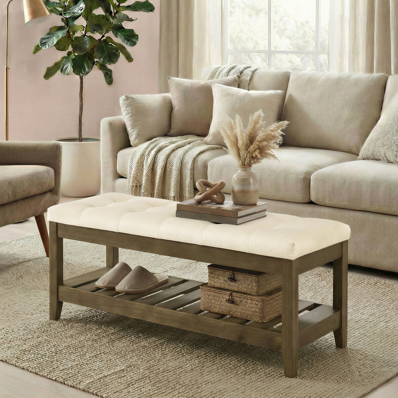 Upholstered End Of Bed Bench, Storage Ottoman With Solid Wood Frame, Window Seat, For Living Room, Bedroom, Brown, Brown