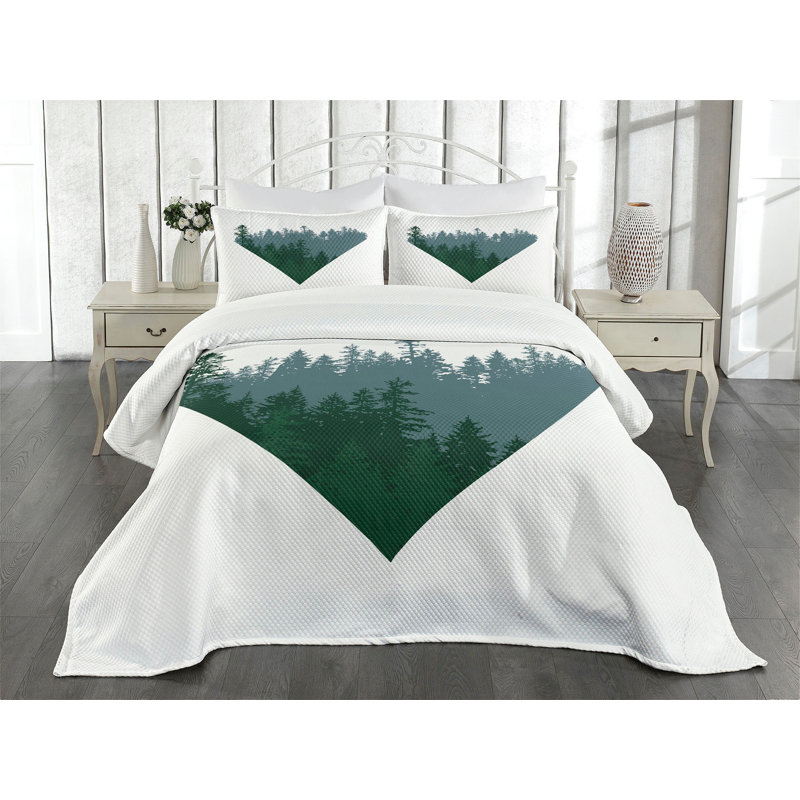 White Quilted Queen Bedspread Set with Forest Design