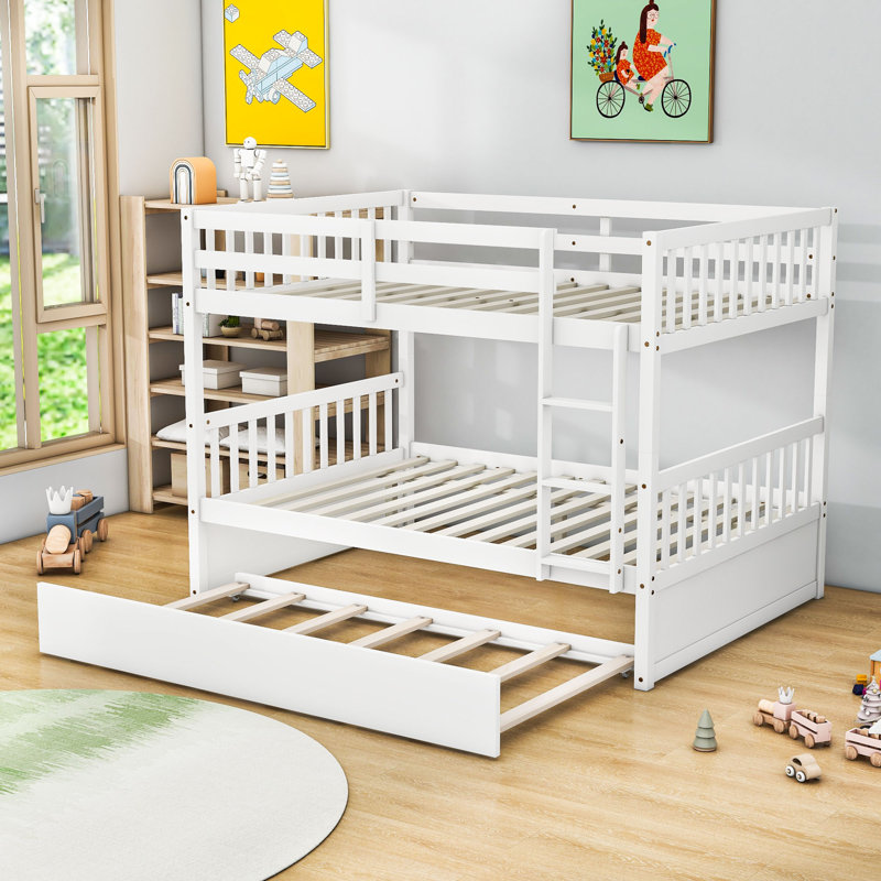 Lit superposé double en bois avec couchette simple et garde-corps Hommer, Blanc