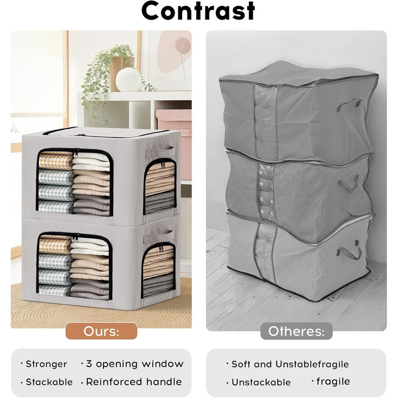 Ensemble de 3 bacs de rangement en lin pliables avec cadre en métal, fenêtres transparentes et accès à fermeture à glissière - capacité de 40 L, poignées durables, résistantes à la poussière et à l'humidité