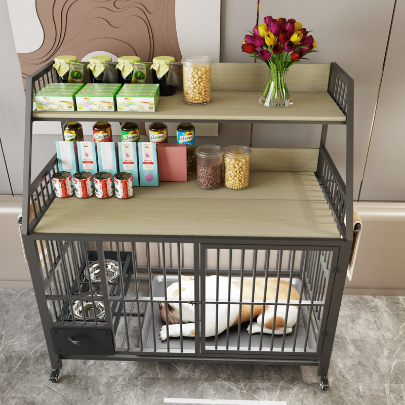 Grande cage pour animaux de compagnie avec support de rangement, tiroirs avec bacs à nourriture et à eau en acier inoxydable, support de rangement à double couche en cadre de fer et matériau en bois aggloméré, robuste, exquis et pratique