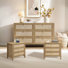 Boho Rattan 3 Piece Bedroom Set, Farmhouse 6-drawer Dresser And 2 Nightstand
