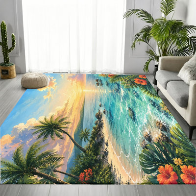 Tapis Tropical Beach Sunset, motif de paysage d'îlot de palmier océan, tapis de sol antidérapant, décoration intérieure artistique vibrante pour salon, chambre à coucher, patio, cuisine, entrée, dortoir