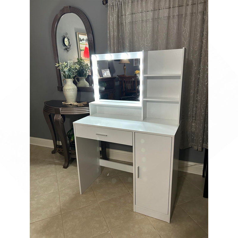 Bureau de coiffeuse avec miroir et lumière, commode de rangement à trois niveaux avec grand tiroir, 3 modes d'éclairage à luminosité réglable, coiffeuse de chambre à coucher (blanc)