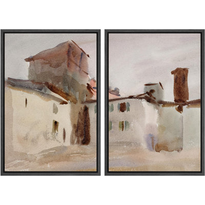" Old Town Facades Watercolor Vintage European Houses Nature Wilderness Illustration Decor Scenic " 2 - Pieces