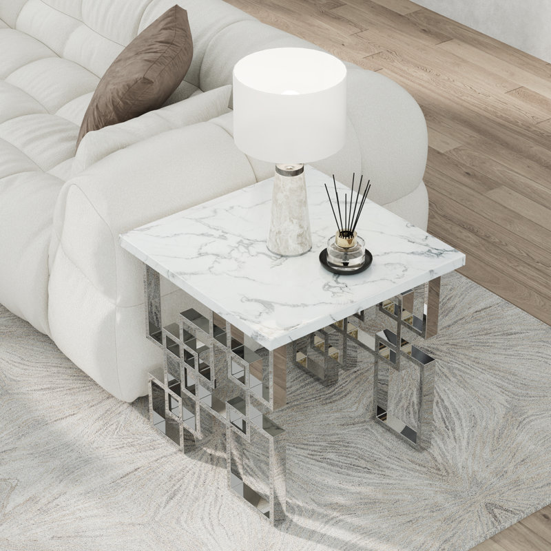 Ensemble de 3 tables basses de salon en faux marbre et argent avec 3 tables de bout, 3 pièces: table basse, 2 tables de bout