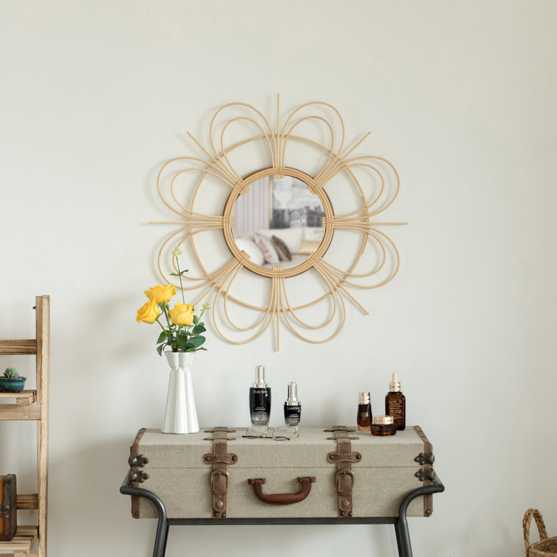 Miroir mural décoratif rond en bois de rotin