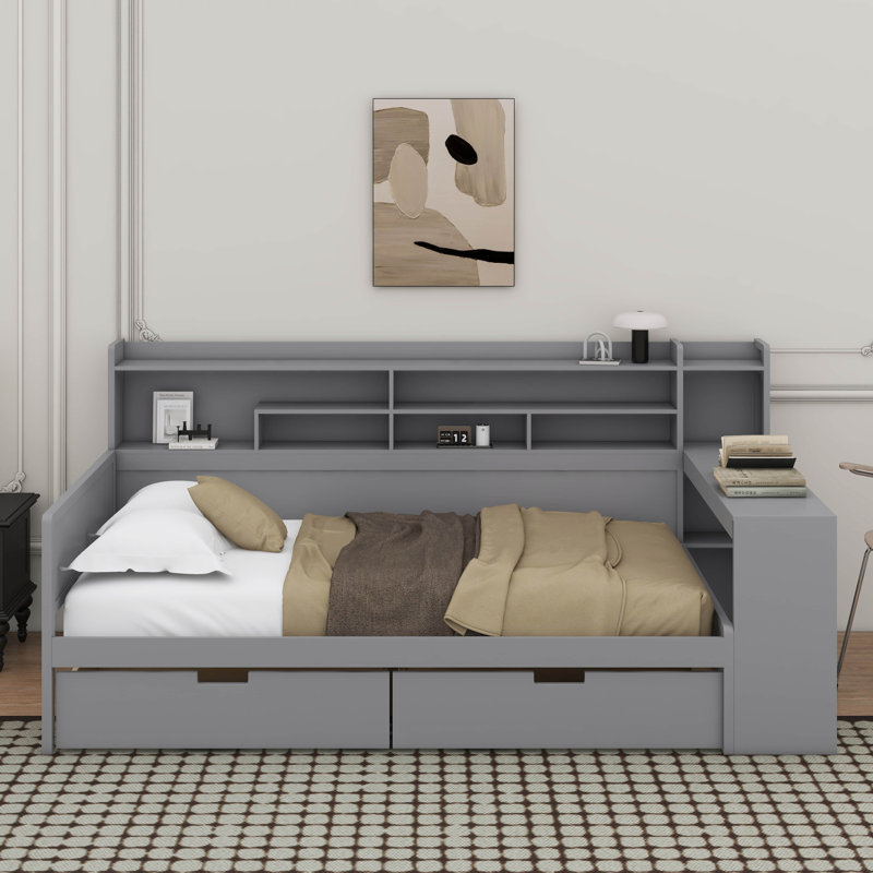  Lit de jour avec tablettes de rangement, tiroirs de rangement et bureau d'étude, Lit simple