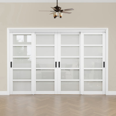 80" Primed 5-Lite Frosted Glass Panels Sliding Closet Door with Installation Hardware Kit