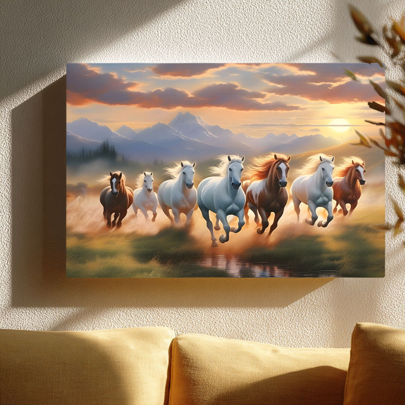 «Sunset Wild Horse Herd», art mural tendu sur un coin rustique, 40 * 30 pouces (100 * 75 * 2cm)