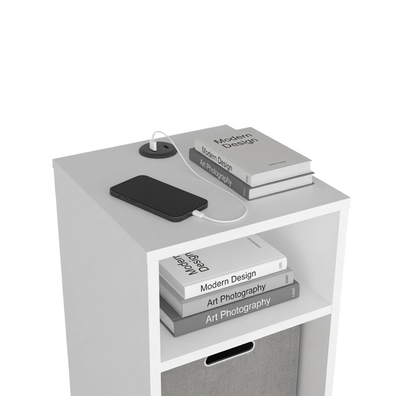 Table d'appoint Parmele H 19 po avec 1 tablette et 1 panier de rangement en tissu, Blanc