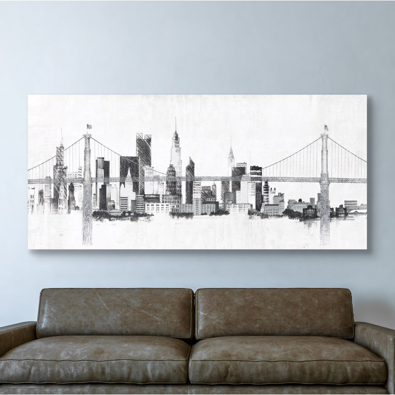 «Bridge And Skyline» par Avery Tillmon, art mural sur toile, H 30 po x l 60 po, Noir / argenté